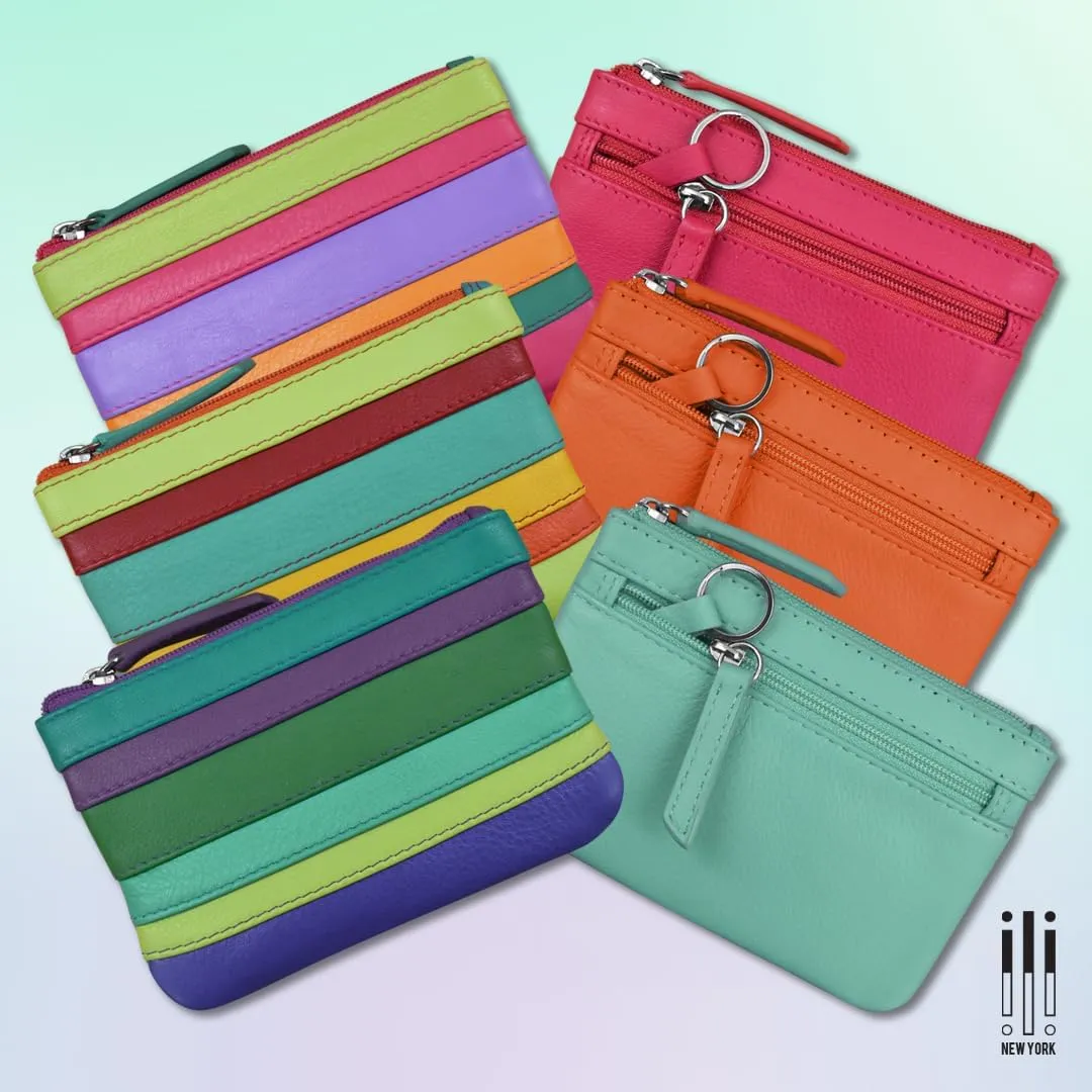 ili New York Mini Leather Coin Purse, Compact Design with Key Ring and RFID Protection for Women and Men in Vibrant Colors, Aegean Blue