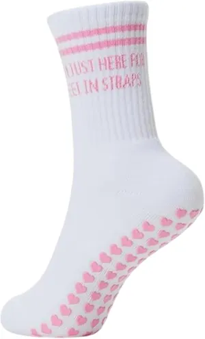 I'm Just Here for Feet In Straps Pilates Grip Socks for Women - Stylish Design with Comfortable Non Slip Sole Durable Poly Cotton Blend Pilate Socks - Ideal for Yoga, Barre, Training & Dance