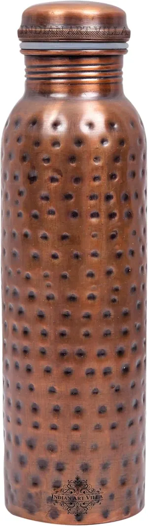 Indian Art Villa Hammered Anti Tarnished Rusty Look Copper Bottle, Storage Water, Travel Essential, 35 OZ