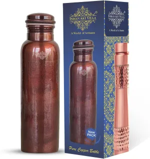 Indian Art Villa Pure Copper Water Bottle, Antique Design, 34 Oz, Leakproof & Durable, Ideal for Home, Office, Gym, and Travel