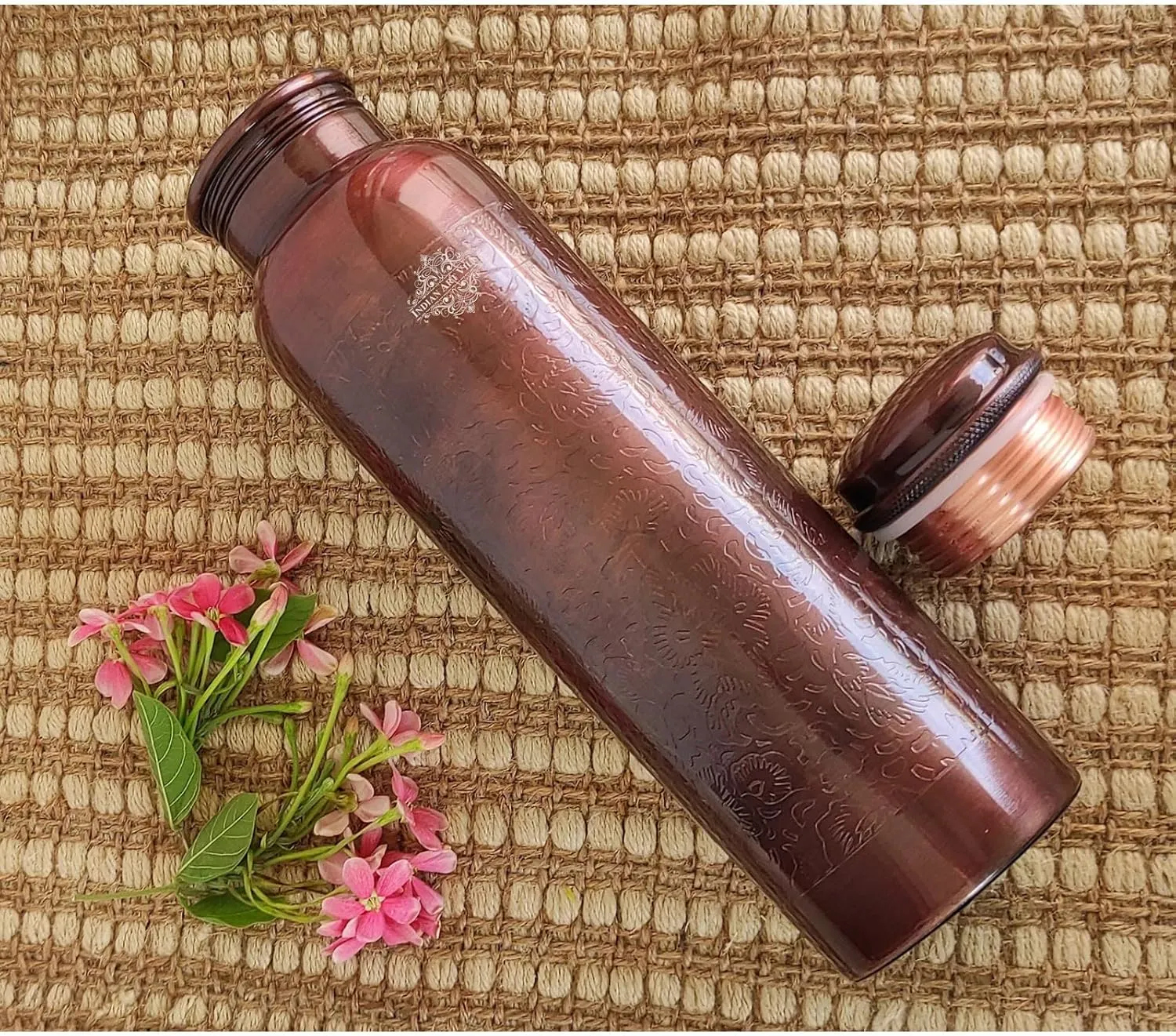 Indian Art Villa Pure Copper Water Bottle, Antique Design, 34 Oz, Leakproof & Durable, Ideal for Home, Office, Gym, and Travel
