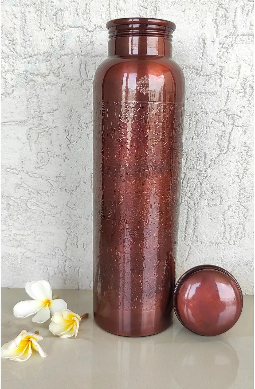 Indian Art Villa Pure Copper Water Bottle, Antique Design, 34 Oz, Leakproof & Durable, Ideal for Home, Office, Gym, and Travel