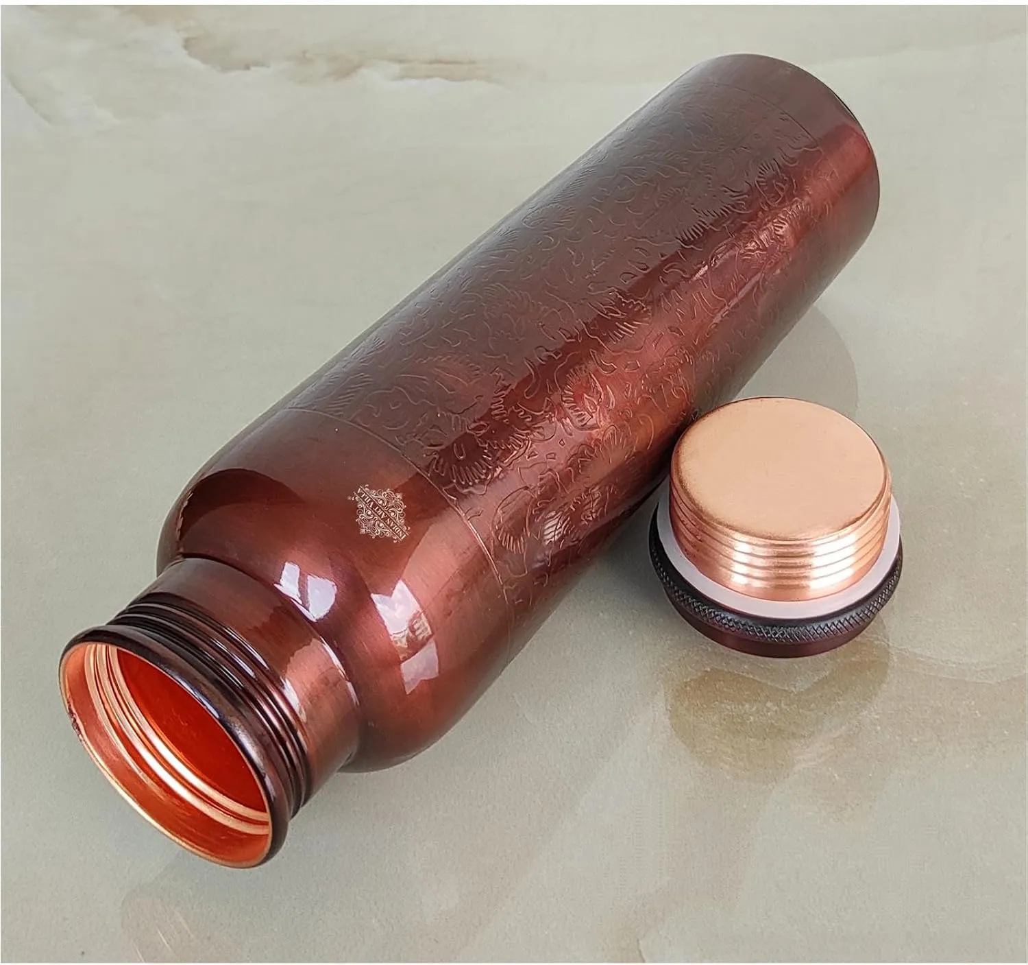 Indian Art Villa Pure Copper Water Bottle, Antique Design, 34 Oz, Leakproof & Durable, Ideal for Home, Office, Gym, and Travel