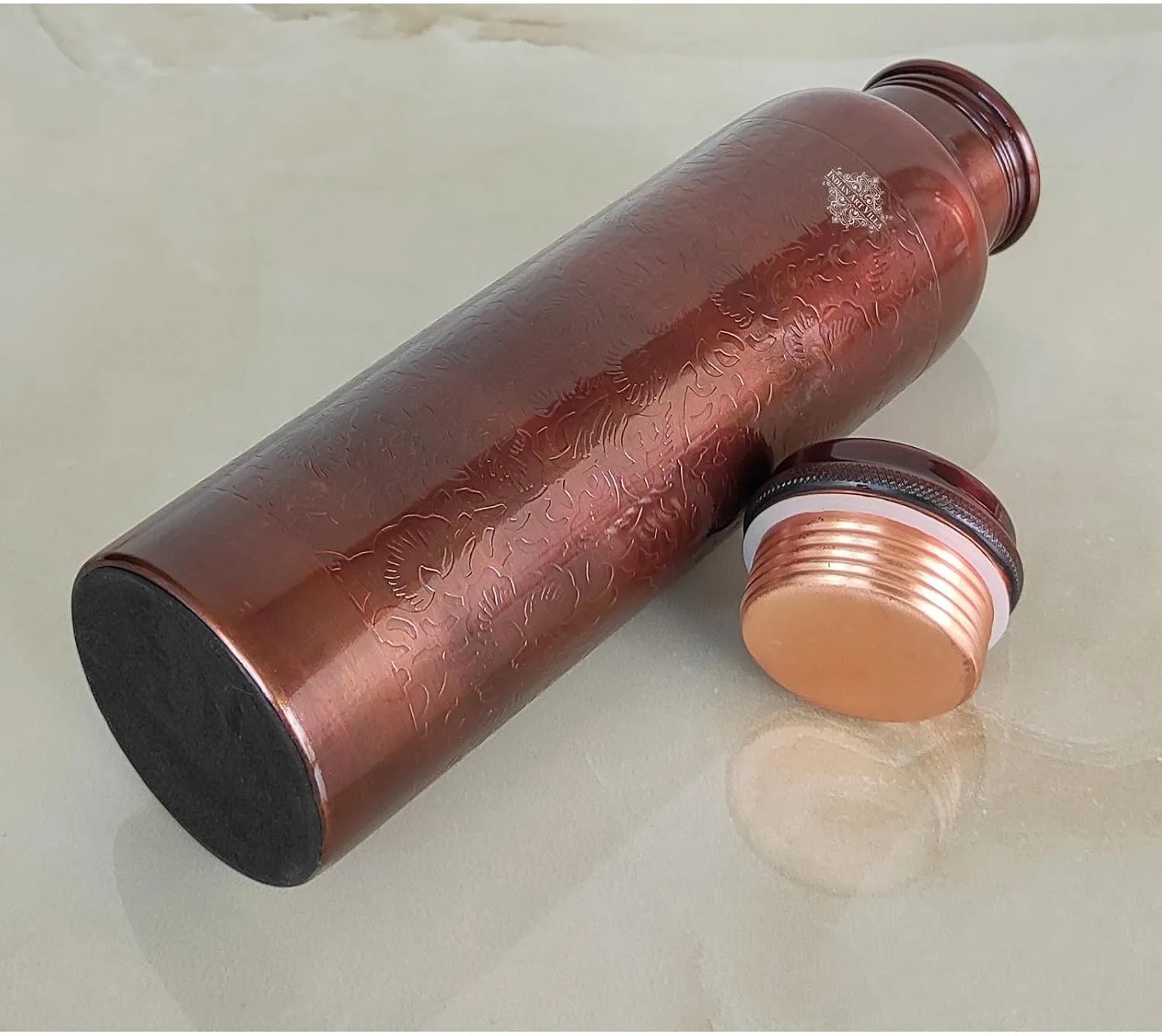 Indian Art Villa Pure Copper Water Bottle, Antique Design, 34 Oz, Leakproof & Durable, Ideal for Home, Office, Gym, and Travel