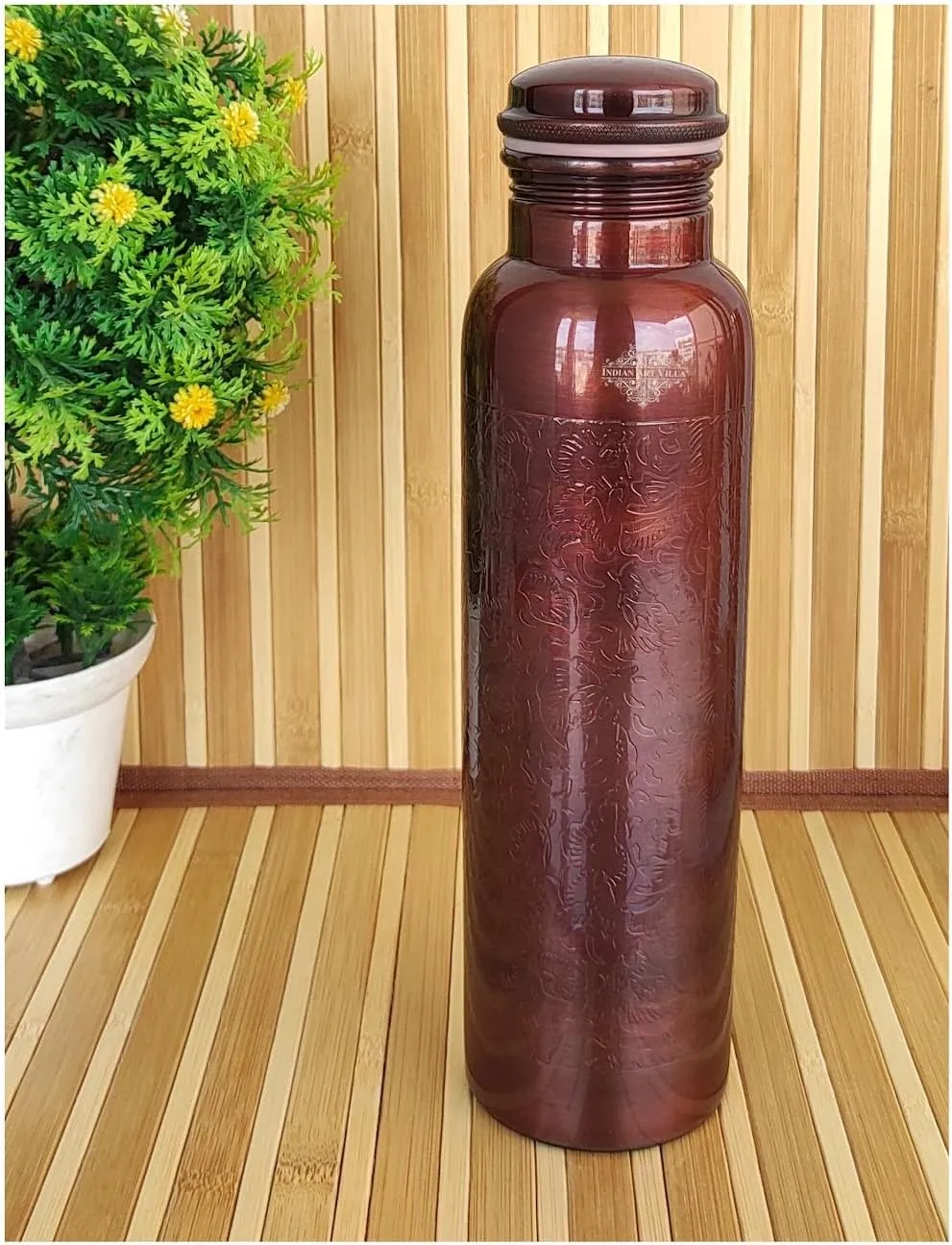 Indian Art Villa Pure Copper Water Bottle, Antique Design, 34 Oz, Leakproof & Durable, Ideal for Home, Office, Gym, and Travel