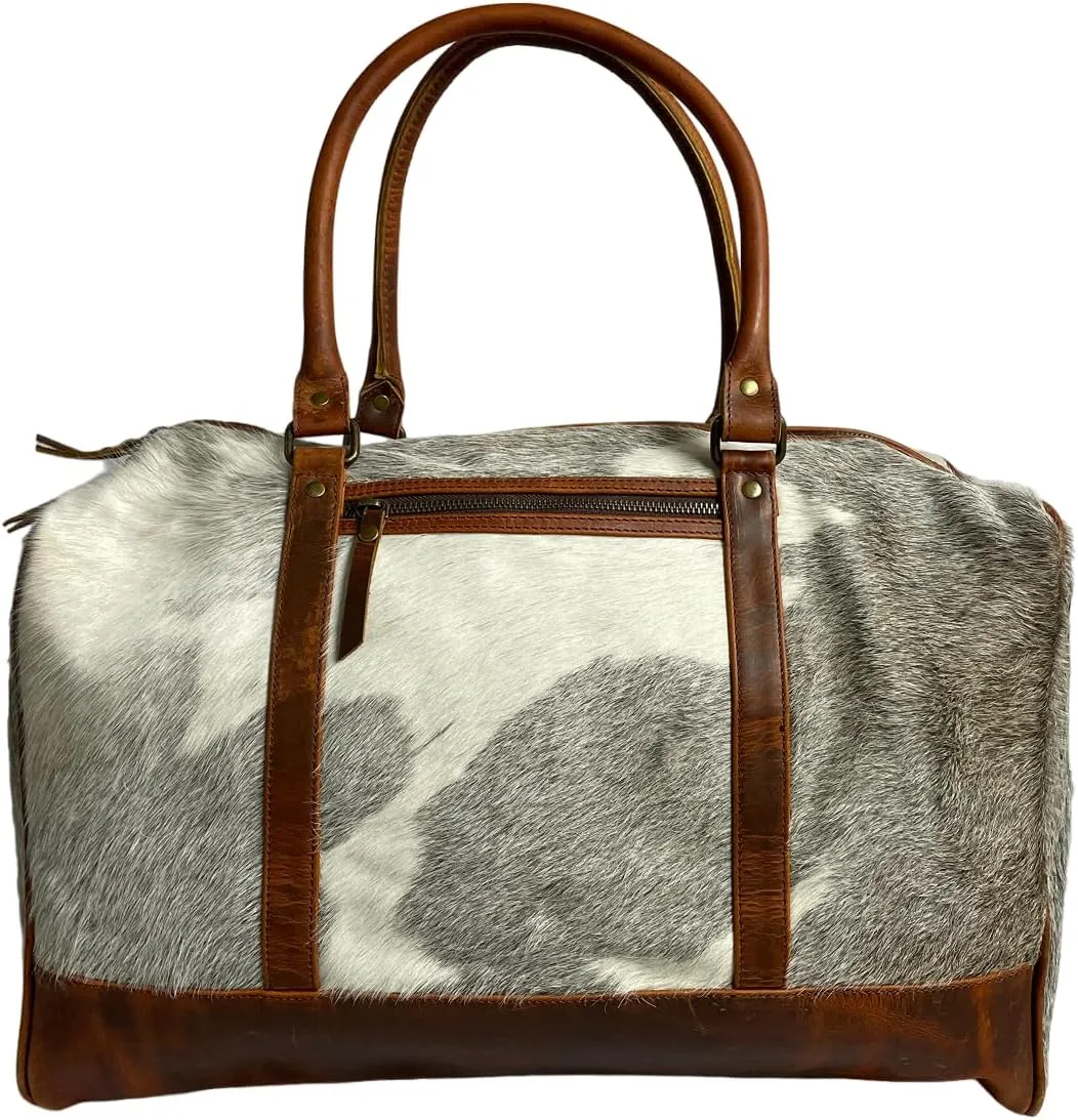 Indian Cowhide Natural Fur 19 Inch Duffle Bag Weekend Overnight Bag for Men and Women (Grey & White)