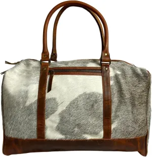 Indian Cowhide Natural Fur 19 Inch Duffle Bag Weekend Overnight Bag for Men and Women (Grey & White)