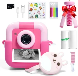 Instant Print Camera for Kids, Portable Digital Selfie Camera with Tripod,16G Card,1080P HD Recording, Ebook, Easter, Christmas, Birthday Gifts, Kids Toys for Ages 4-12 Girls (Pink)