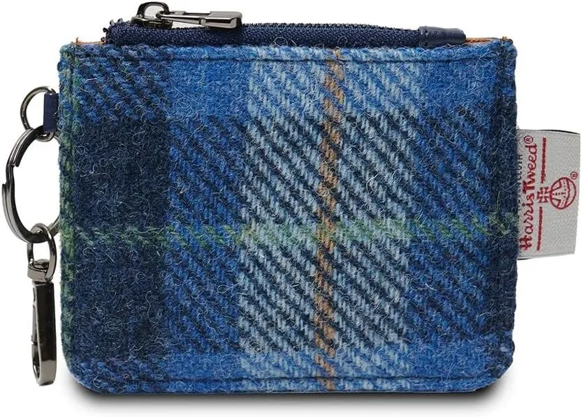 Islander The Card Zip Wallet Microfibre Leather and Harris Tweed (Blue Tartan)