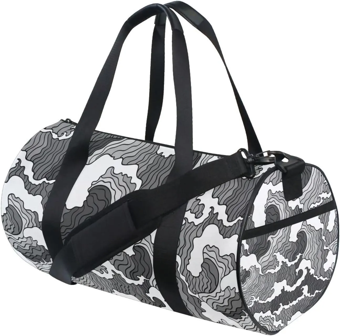 Japanese Abstract Black White Waves Seamless Pattern Duffel Bag, Foldable Canvas Travel Tote for Gym Sports with Inner Pockets, Durable Lightweight Fitness Bag for Overnight Workout