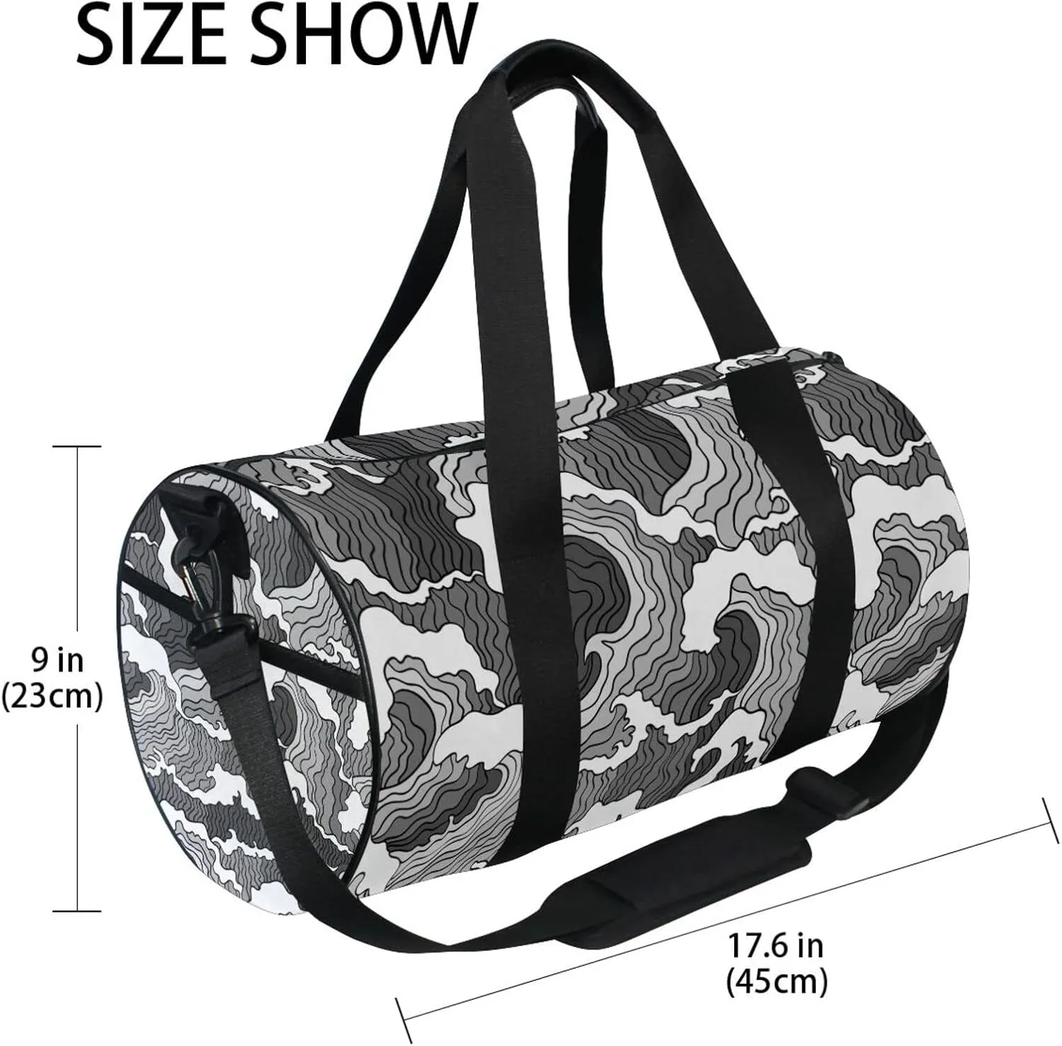 Japanese Abstract Black White Waves Seamless Pattern Duffel Bag, Foldable Canvas Travel Tote for Gym Sports with Inner Pockets, Durable Lightweight Fitness Bag for Overnight Workout