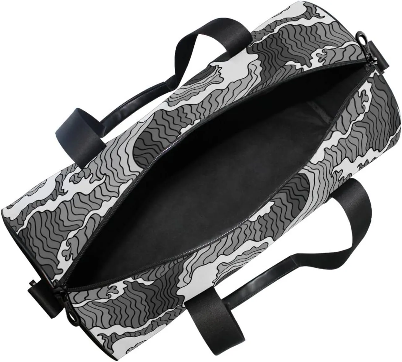 Japanese Abstract Black White Waves Seamless Pattern Duffel Bag, Foldable Canvas Travel Tote for Gym Sports with Inner Pockets, Durable Lightweight Fitness Bag for Overnight Workout
