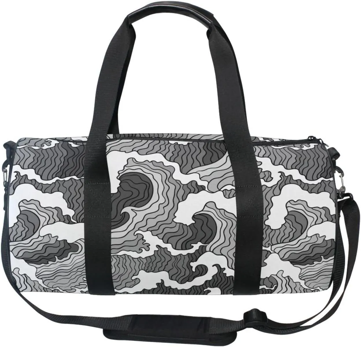 Japanese Abstract Black White Waves Seamless Pattern Duffel Bag, Foldable Canvas Travel Tote for Gym Sports with Inner Pockets, Durable Lightweight Fitness Bag for Overnight Workout