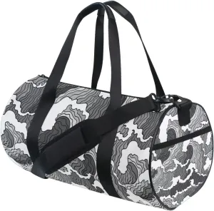 Japanese Abstract Black White Waves Seamless Pattern Duffel Bag, Foldable Canvas Travel Tote for Gym Sports with Inner Pockets, Durable Lightweight Fitness Bag for Overnight Workout
