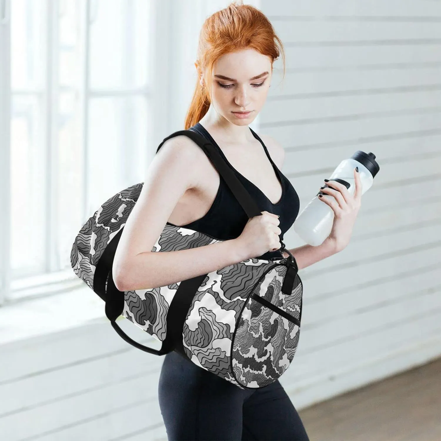 Japanese Abstract Black White Waves Seamless Pattern Duffel Bag, Foldable Canvas Travel Tote for Gym Sports with Inner Pockets, Durable Lightweight Fitness Bag for Overnight Workout