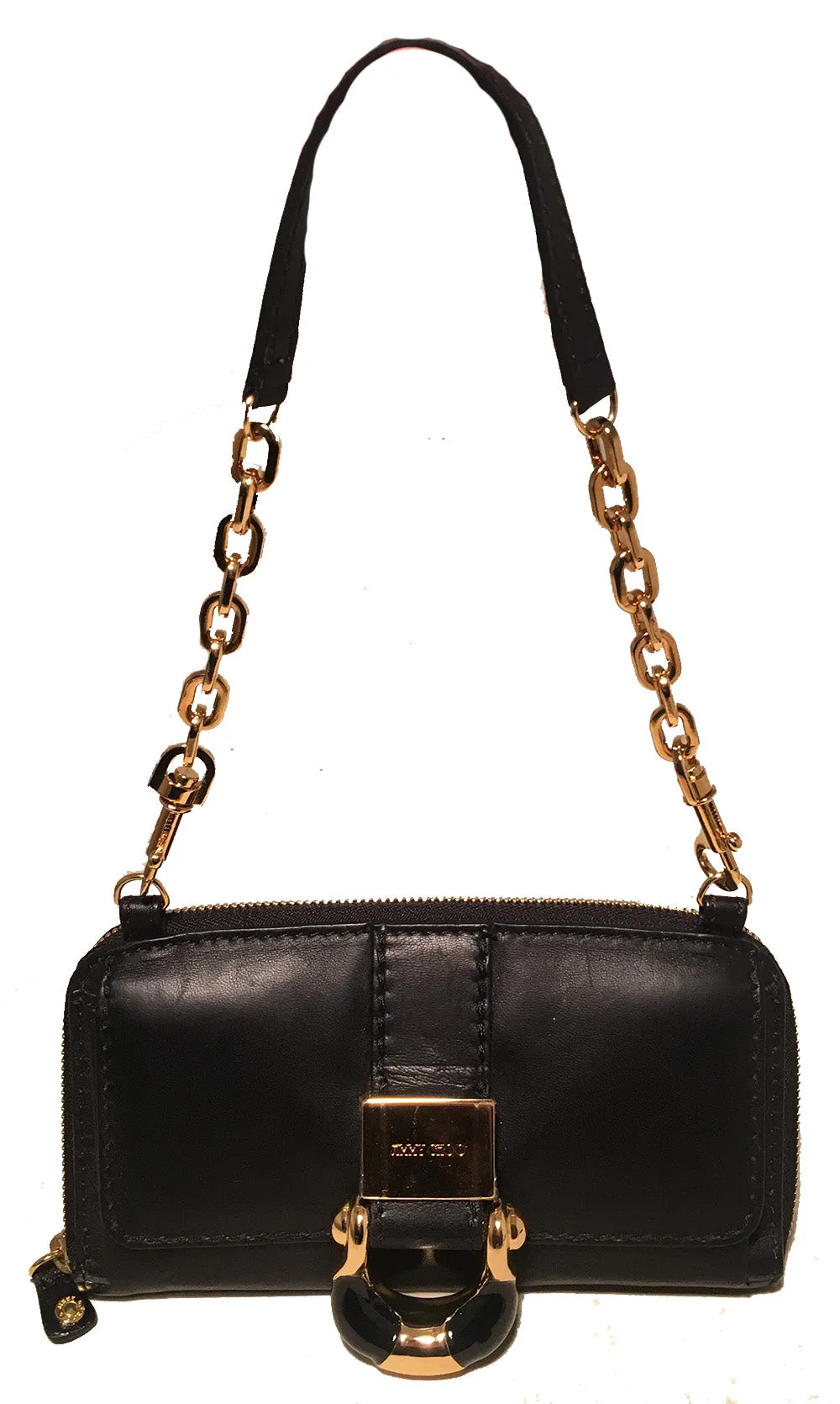 Jimmy Choo Black and Gold Leather Wallet on a Chain