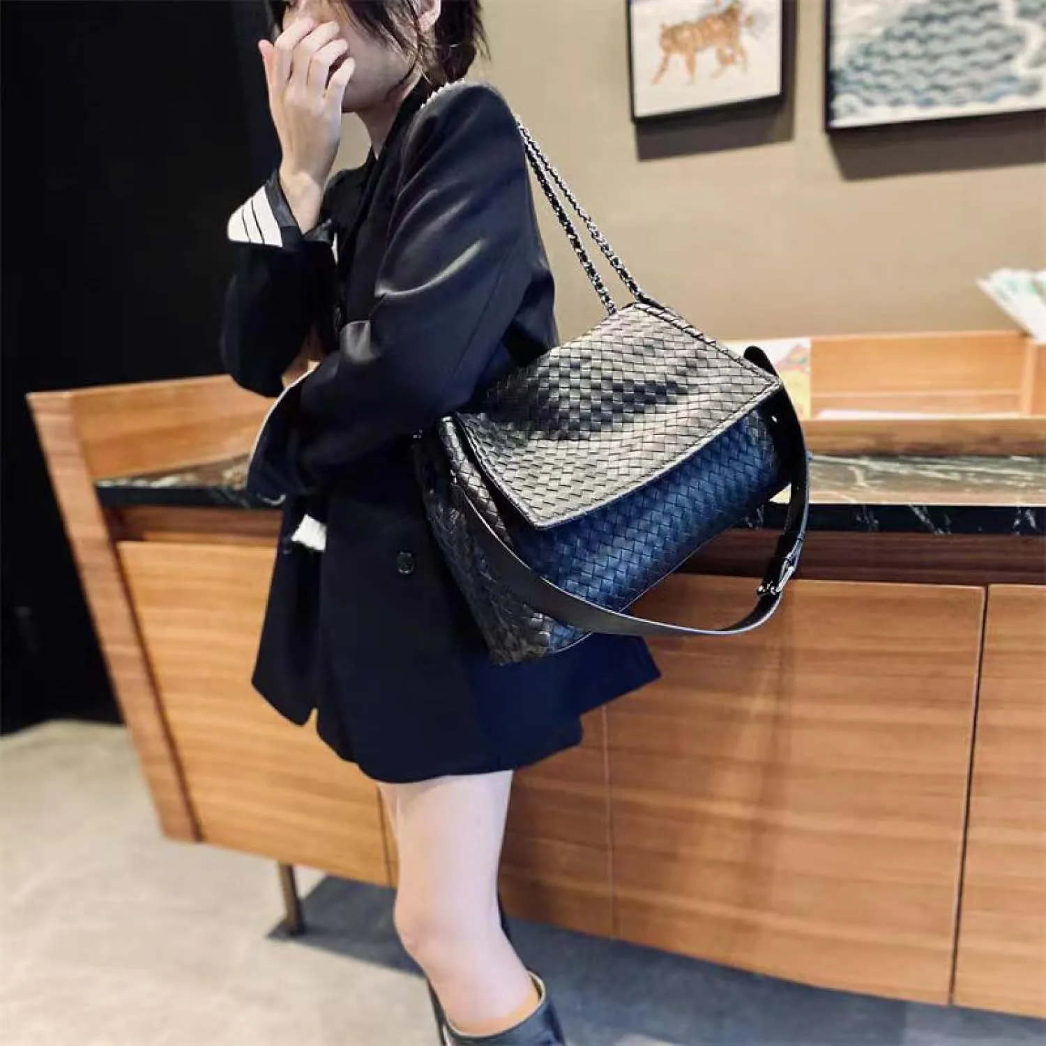 JINMANXUE Woven Bag for Women Vegan Leather Tote Bag Summer Beach Handbag Purse Retro Handmade Travel Shoulder Bag