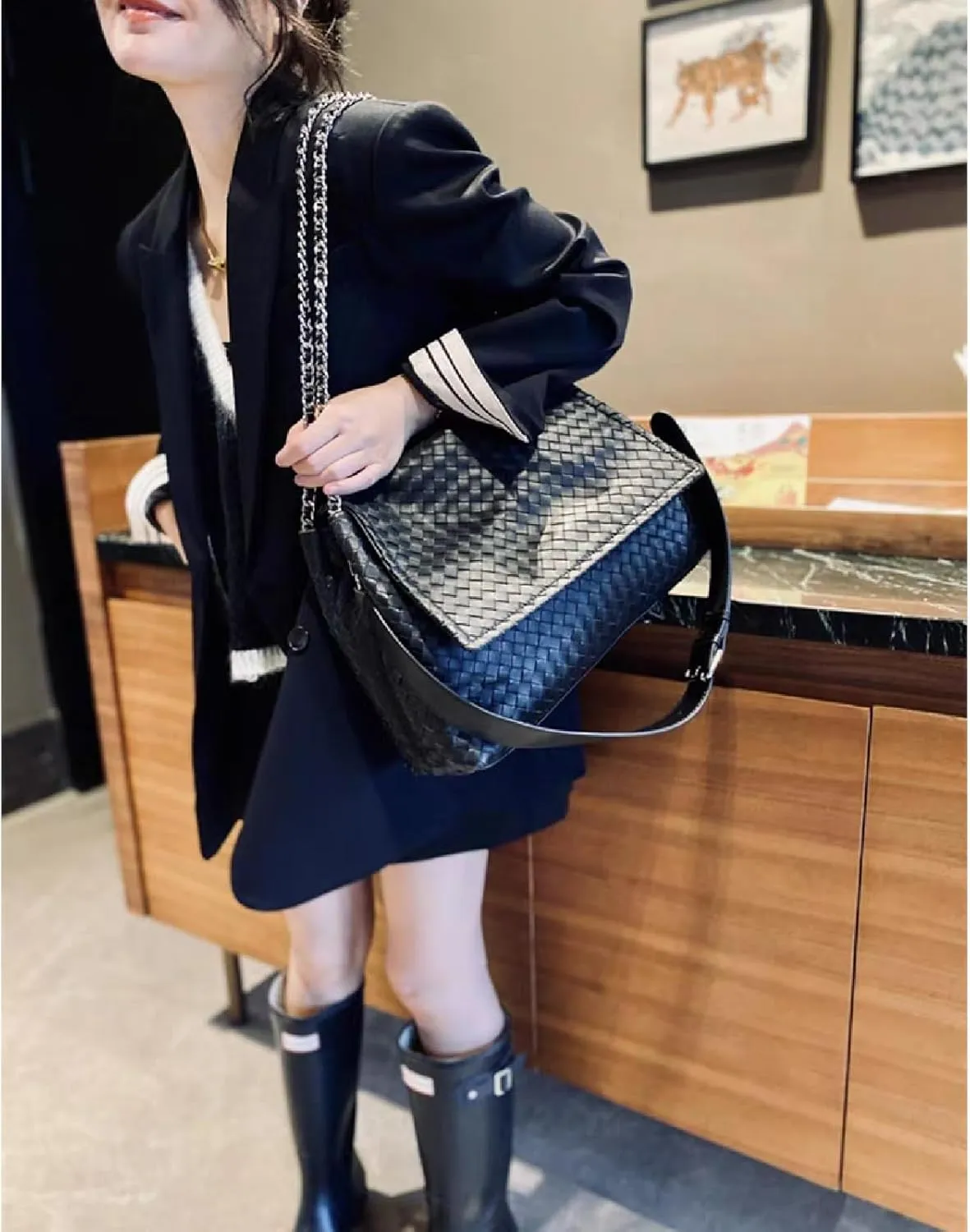 JINMANXUE Woven Bag for Women Vegan Leather Tote Bag Summer Beach Handbag Purse Retro Handmade Travel Shoulder Bag