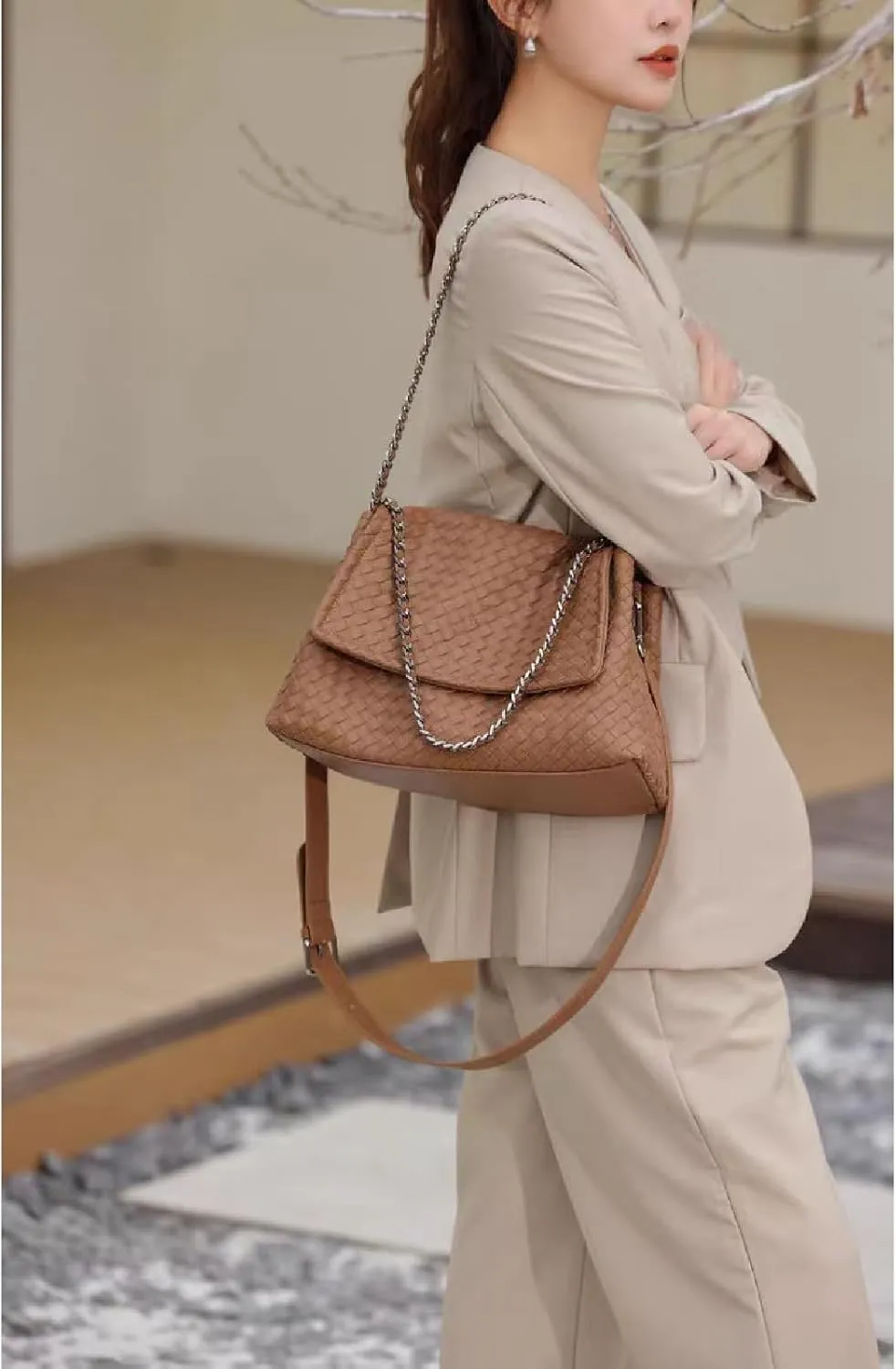 JINMANXUE Woven Bag for Women Vegan Leather Tote Bag Summer Beach Handbag Purse Retro Handmade Travel Shoulder Bag
