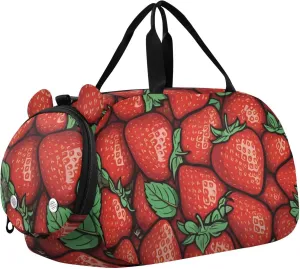 Juicy Strawberry Print Duffle Bag for Girl, Sports Duffle Gym Bags with Shoe Compartment, Personalized Overnight Bag Travel Weekender for Kids