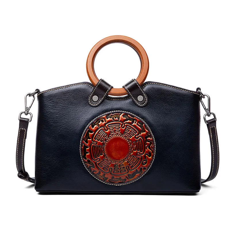 Julia – Vintage Embossed Vegan Leather Handbag with Round Wooden Handle