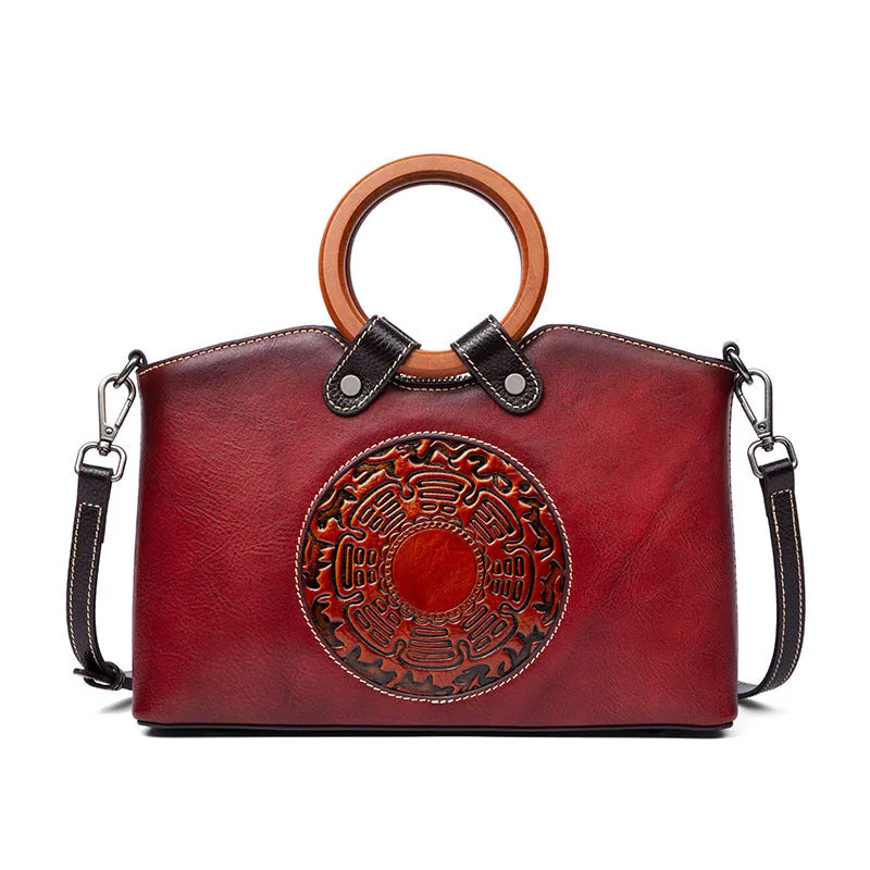 Julia – Vintage Embossed Vegan Leather Handbag with Round Wooden Handle