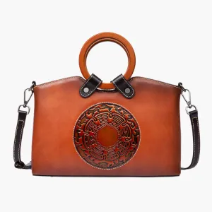 Julia – Vintage Embossed Vegan Leather Handbag with Round Wooden Handle