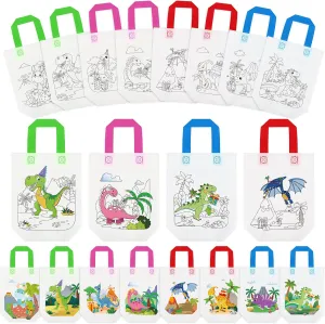 Kajaia 24 Pcs Dinosaur Coloring Goodie Bags Reusable Dinosaur Coloring Graffiti Party Favor Bags with Handle Color Your Own Dino Non Woven Tote for DIY Craft Painting Birthday Gift Supplies