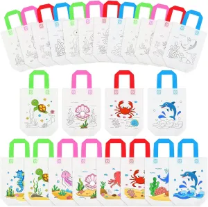 Kajaia 24 Pcs Ocean Animal Coloring Goodie Bags with 13 Pcs Coloring Markers Non Woven Coloring Totes Under the Sea Party Favor Bags for Kids Sea Animals Birthday Party Favor DIY Crafts