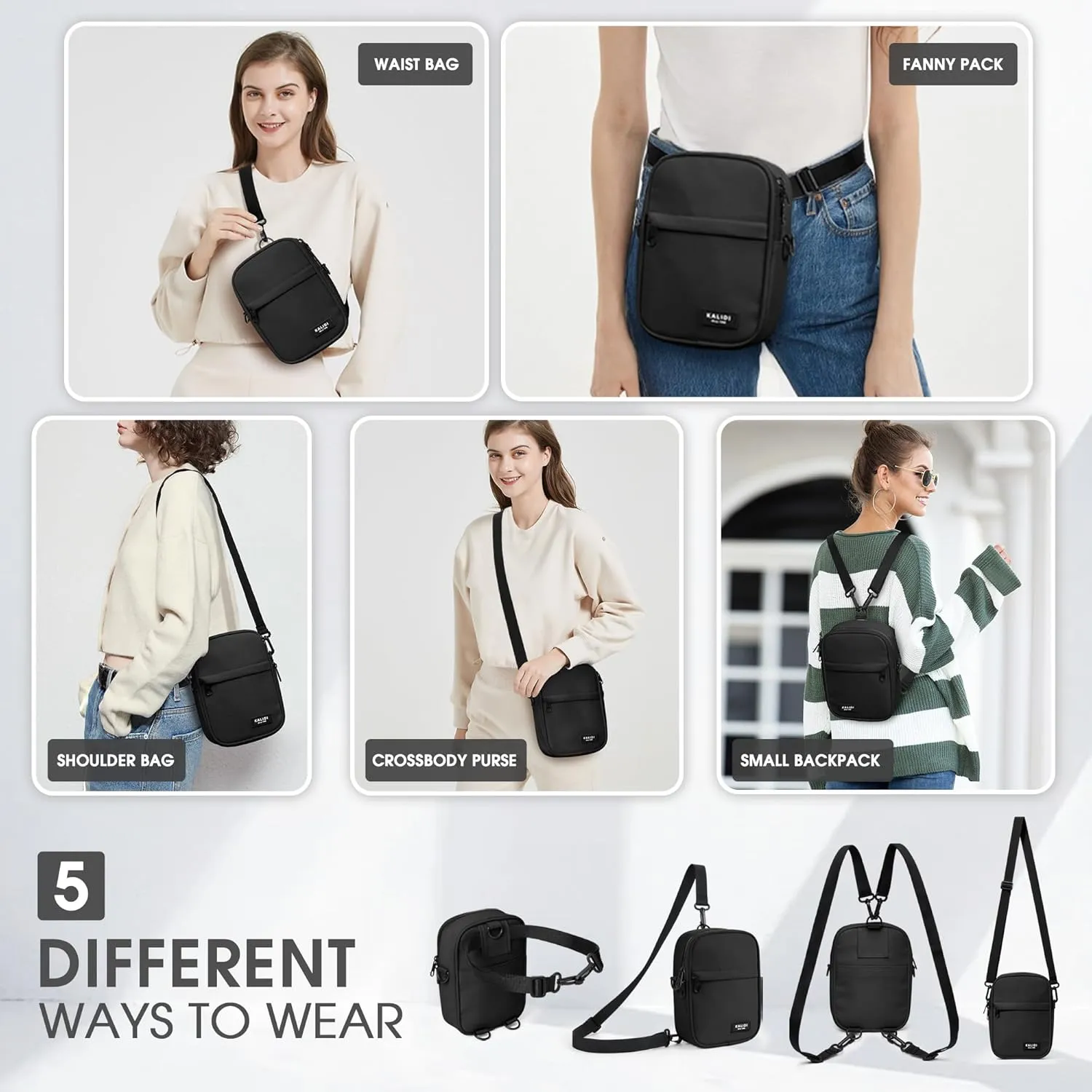 KALIDI Crossbody Sling Bag for Women Men Multi Position Small Purse Waist Fanny Pack with 2 Adjustable Strap