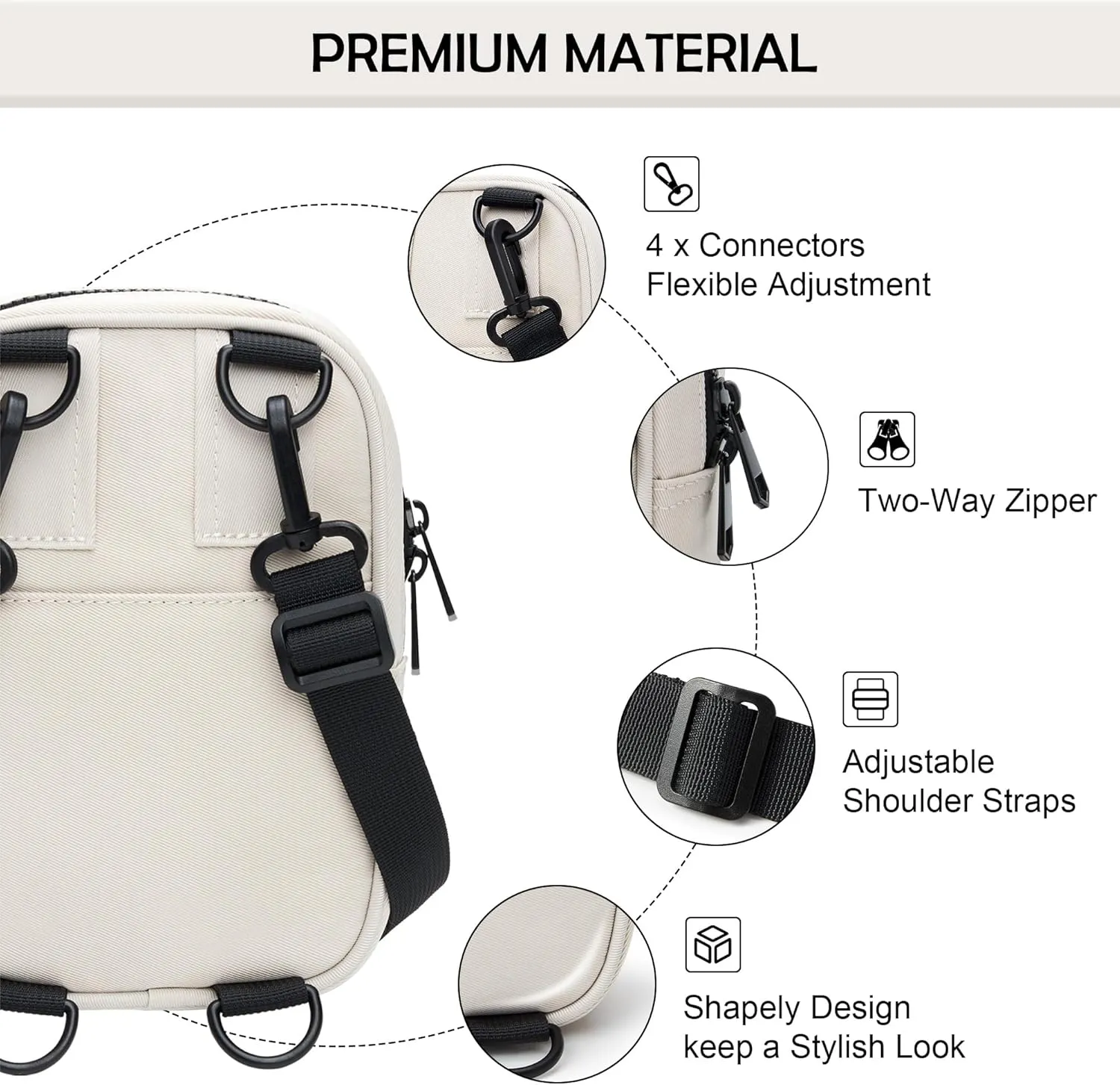 KALIDI Small Sling Bag Crossbody Purse for Women Men Multi Position Waist Fanny Pack with 2 Adjustable Strap, Beige