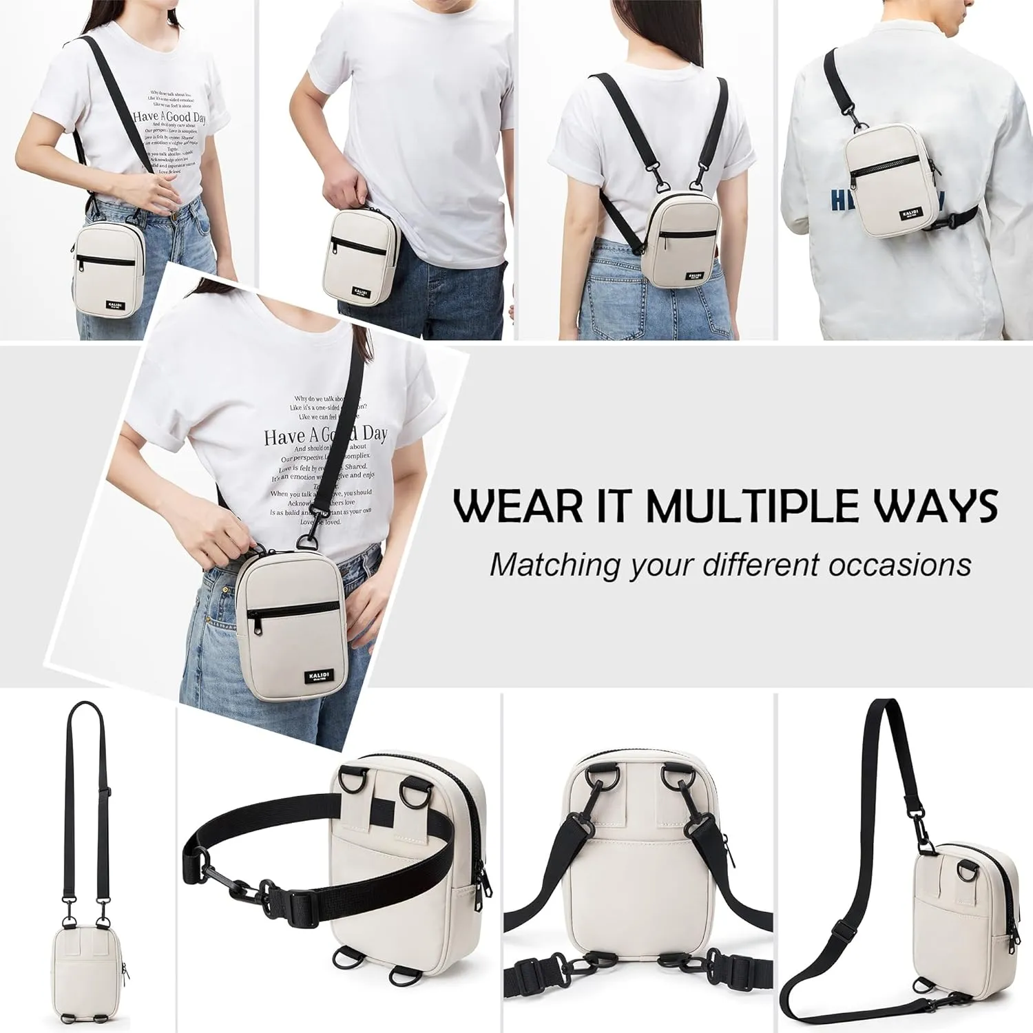 KALIDI Small Sling Bag Crossbody Purse for Women Men Multi Position Waist Fanny Pack with 2 Adjustable Strap, Beige