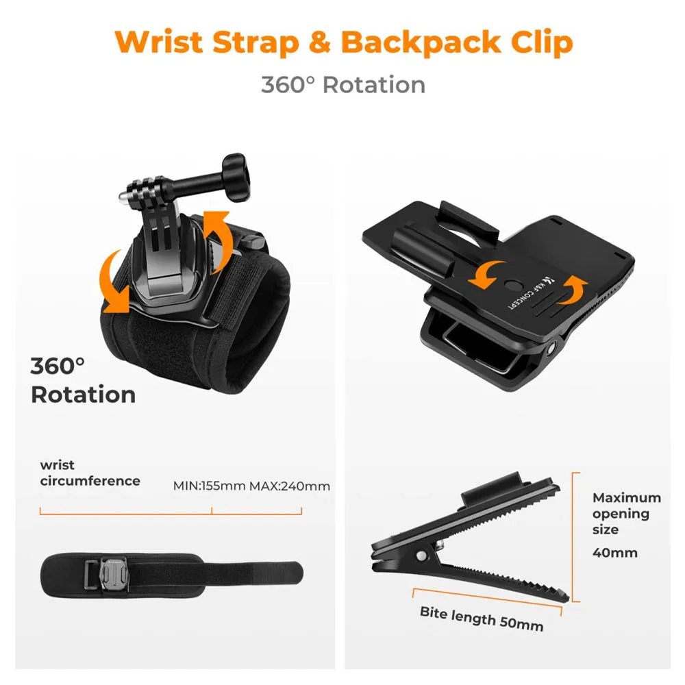 K&F Concept Head / Chest / Wrist Strap Mount Set Kit Bundle with 360° Rotation for Smartphones and GoPro DJI Insta360 Action Cameras - POV Point of View Recording, Hands-Free Vlogging, Video Content Creation | SKU-2289 SKU-2290
