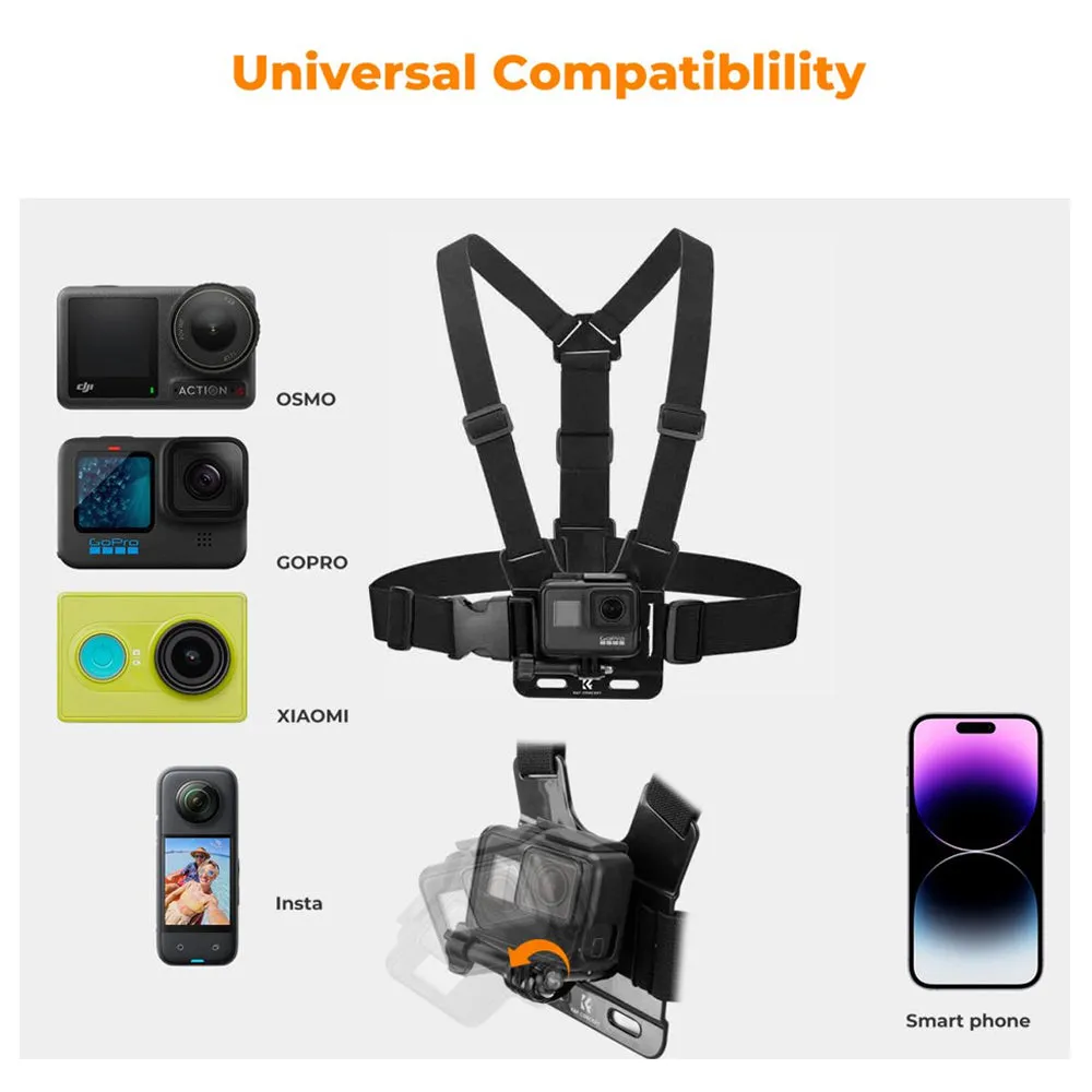 K&F Concept Head / Chest / Wrist Strap Mount Set Kit Bundle with 360° Rotation for Smartphones and GoPro DJI Insta360 Action Cameras - POV Point of View Recording, Hands-Free Vlogging, Video Content Creation | SKU-2289 SKU-2290