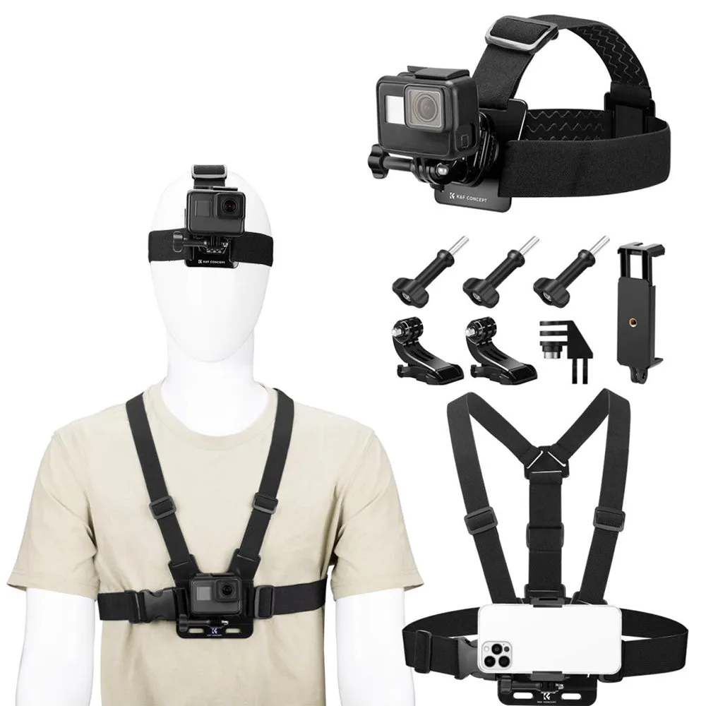 K&F Concept Head / Chest / Wrist Strap Mount Set Kit Bundle with 360° Rotation for Smartphones and GoPro DJI Insta360 Action Cameras - POV Point of View Recording, Hands-Free Vlogging, Video Content Creation | SKU-2289 SKU-2290
