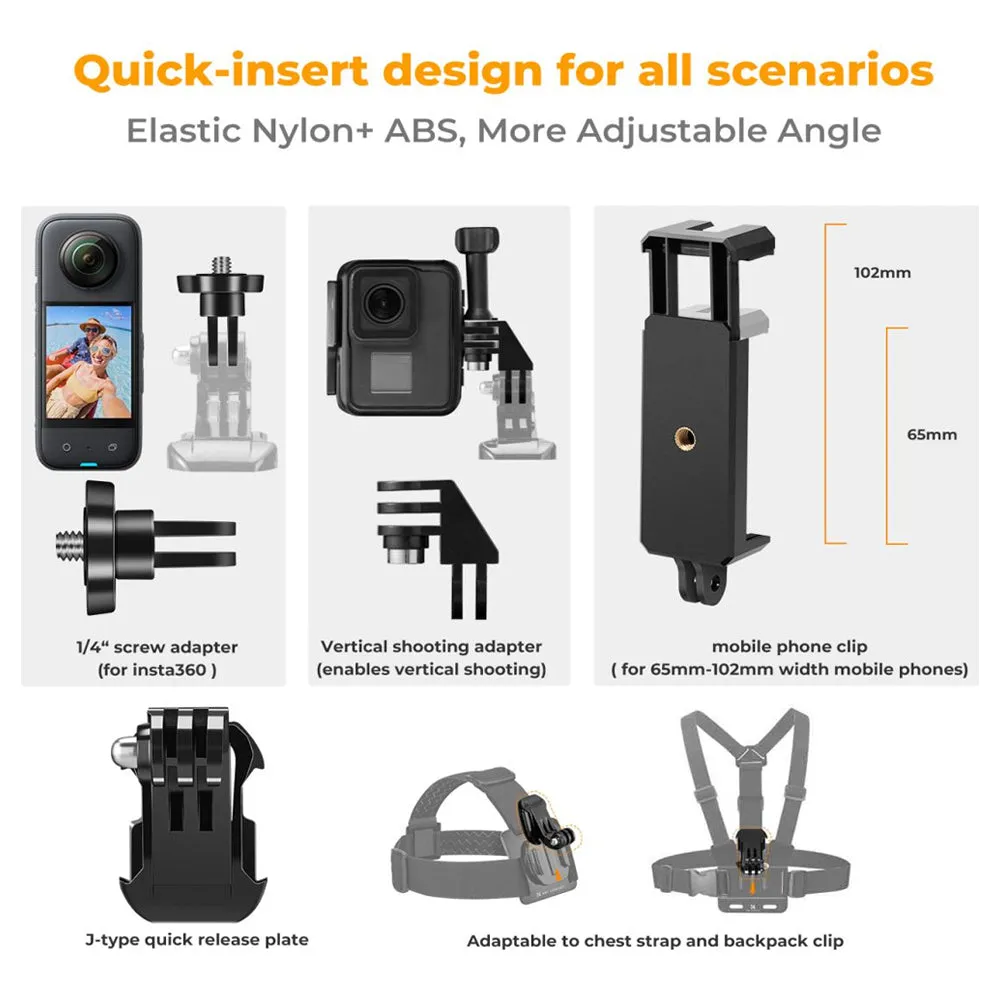 K&F Concept Head / Chest / Wrist Strap Mount Set Kit Bundle with 360° Rotation for Smartphones and GoPro DJI Insta360 Action Cameras - POV Point of View Recording, Hands-Free Vlogging, Video Content Creation | SKU-2289 SKU-2290