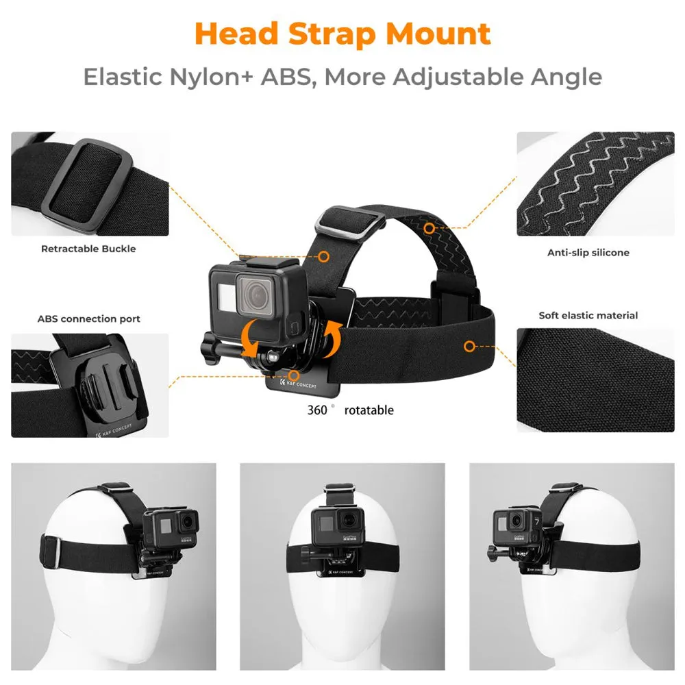 K&F Concept Head / Chest / Wrist Strap Mount Set Kit Bundle with 360° Rotation for Smartphones and GoPro DJI Insta360 Action Cameras - POV Point of View Recording, Hands-Free Vlogging, Video Content Creation | SKU-2289 SKU-2290