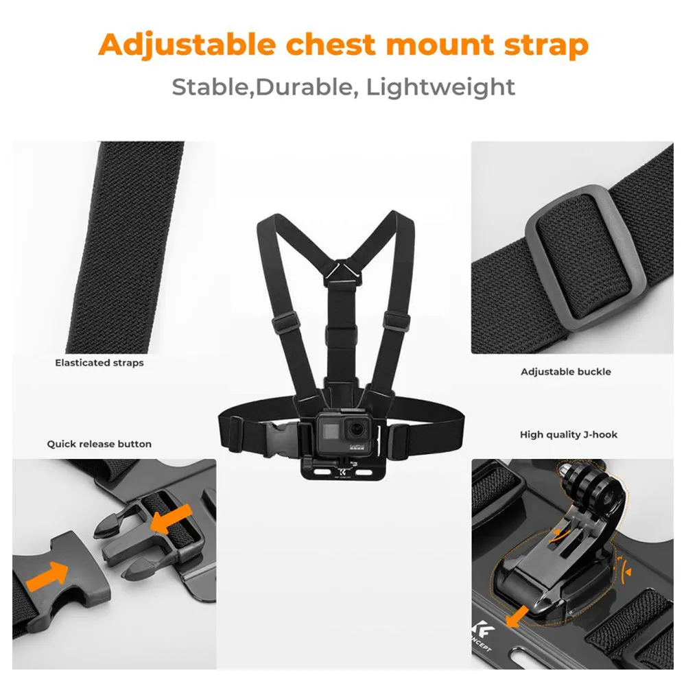 K&F Concept Head / Chest / Wrist Strap Mount Set Kit Bundle with 360° Rotation for Smartphones and GoPro DJI Insta360 Action Cameras - POV Point of View Recording, Hands-Free Vlogging, Video Content Creation | SKU-2289 SKU-2290