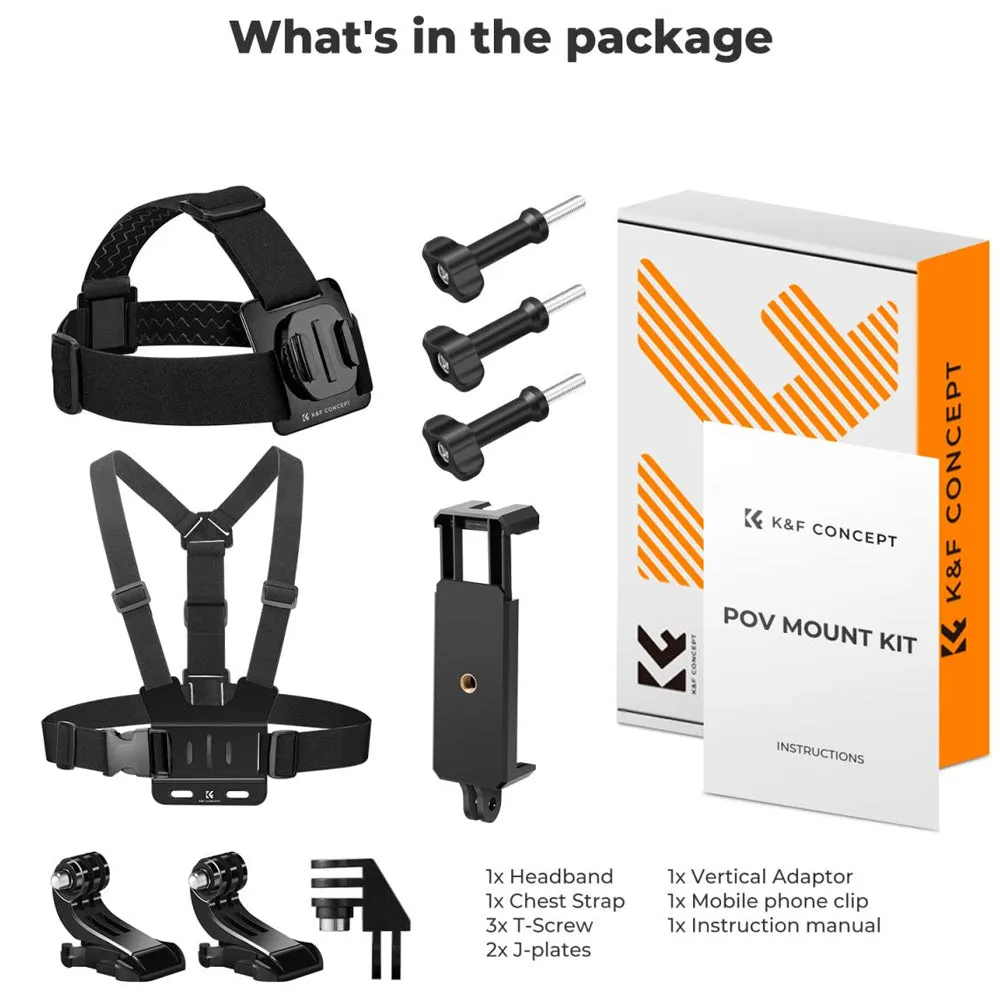 K&F Concept Head / Chest / Wrist Strap Mount Set Kit Bundle with 360° Rotation for Smartphones and GoPro DJI Insta360 Action Cameras - POV Point of View Recording, Hands-Free Vlogging, Video Content Creation | SKU-2289 SKU-2290
