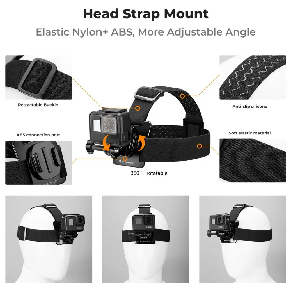 K&F Concept Head / Chest / Wrist Strap Mount Set Kit Bundle with 360° Rotation for Smartphones and GoPro DJI Insta360 Action Cameras - POV Point of View Recording, Hands-Free Vlogging, Video Content Creation | SKU-2289 SKU-2290