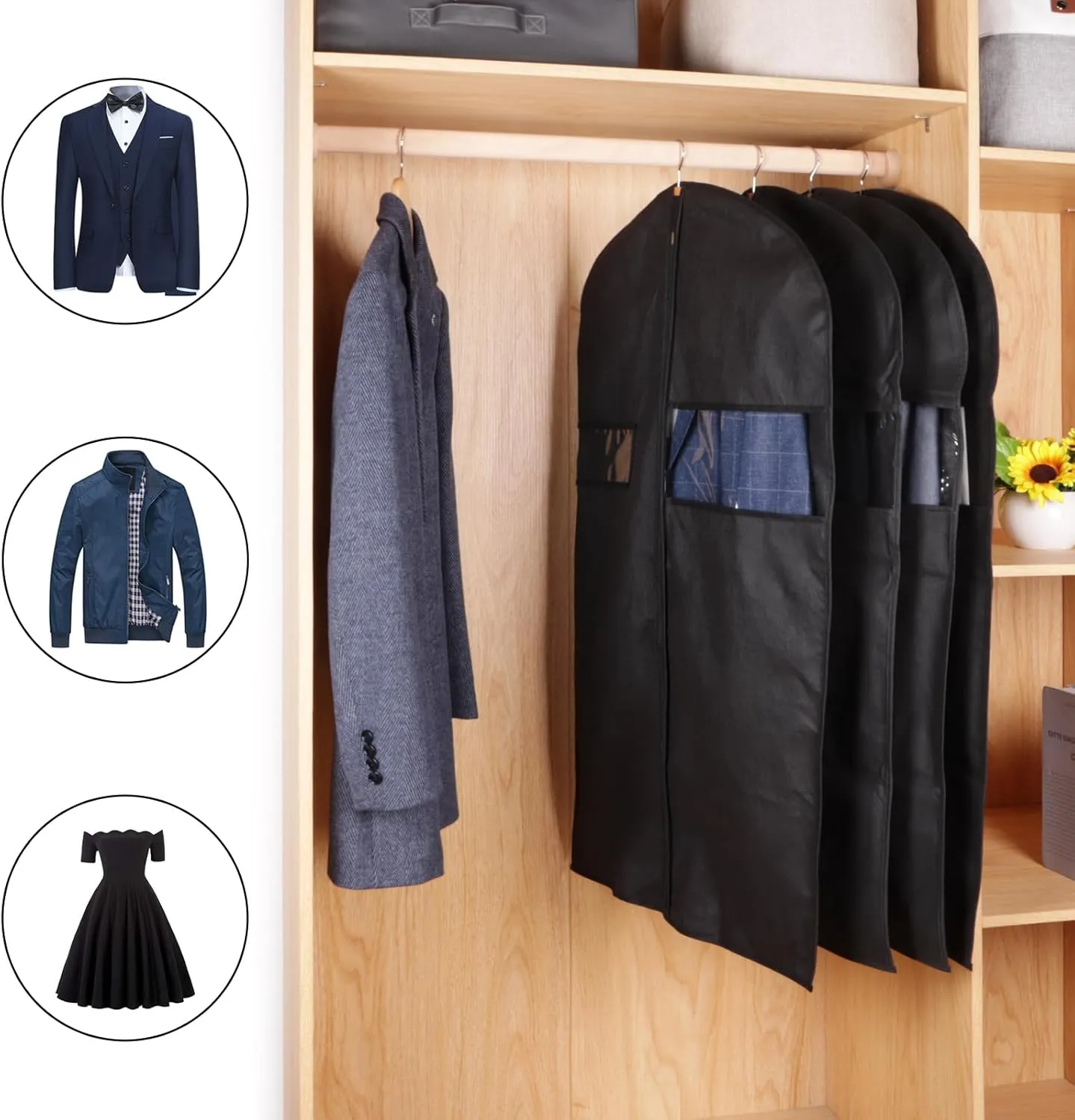 KEEGH 40" Suit Cover Bags for Men (Set of 10) Garment Bags for Hanging Clothes, Suit Bags for Closet Storage or Travel, Clothes Cover for Suits Coats with Clear Window and Label Pocket, Black
