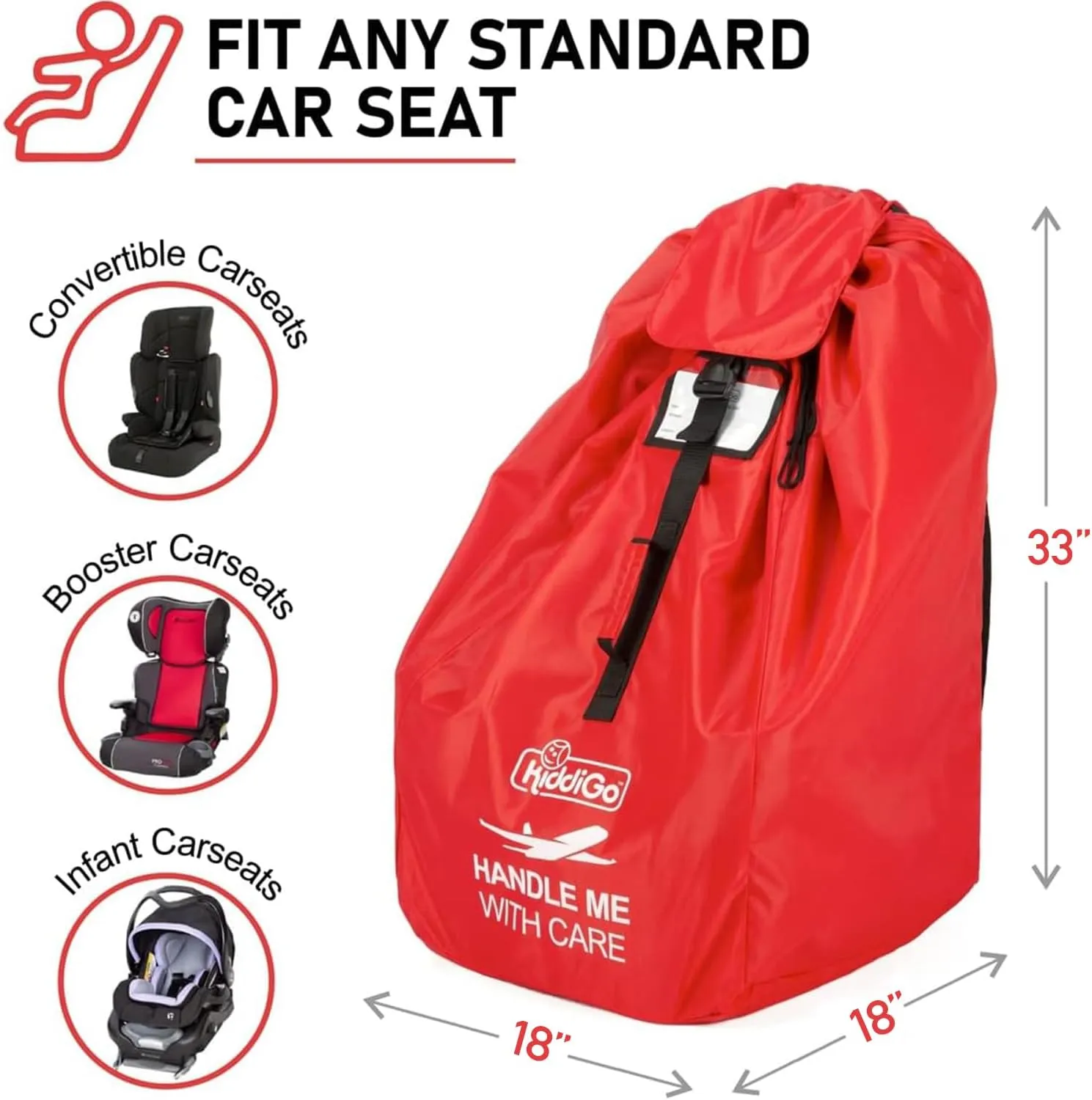 KiddiGo Car Seat Travel Bag for Airplane, Red, 33” H x 18” W x 18” D, Fits Most Standard Convertible, Booster & Infant Car Seats, Gate Check Universal Size Car Seat Cover, Easy Carry Design