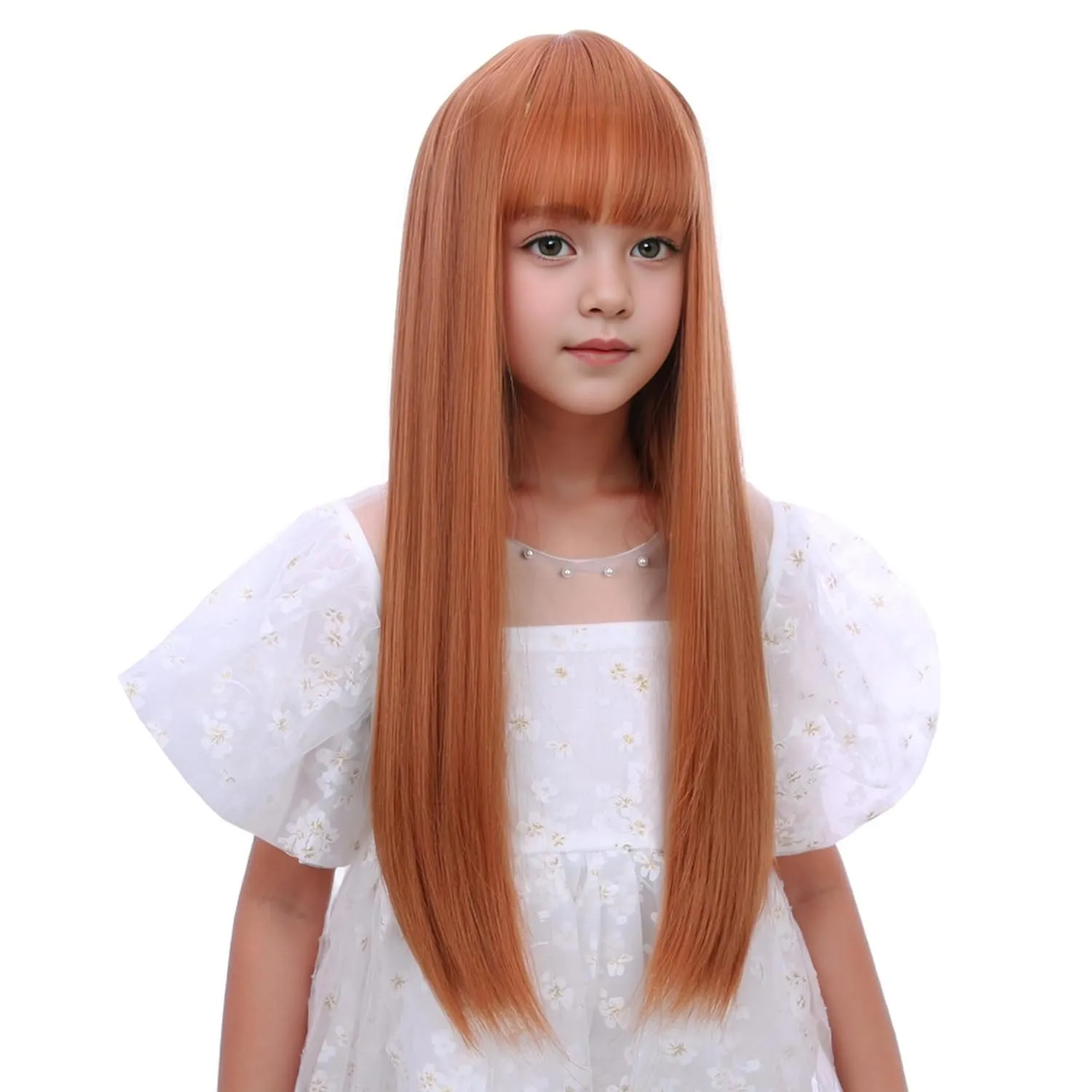 Kids Anburn Wig Girls Long Orange Wig with Air Bangs Children Long Dark Orange Straight Wigs Heat Resistant Synthetic Hiar with Cap