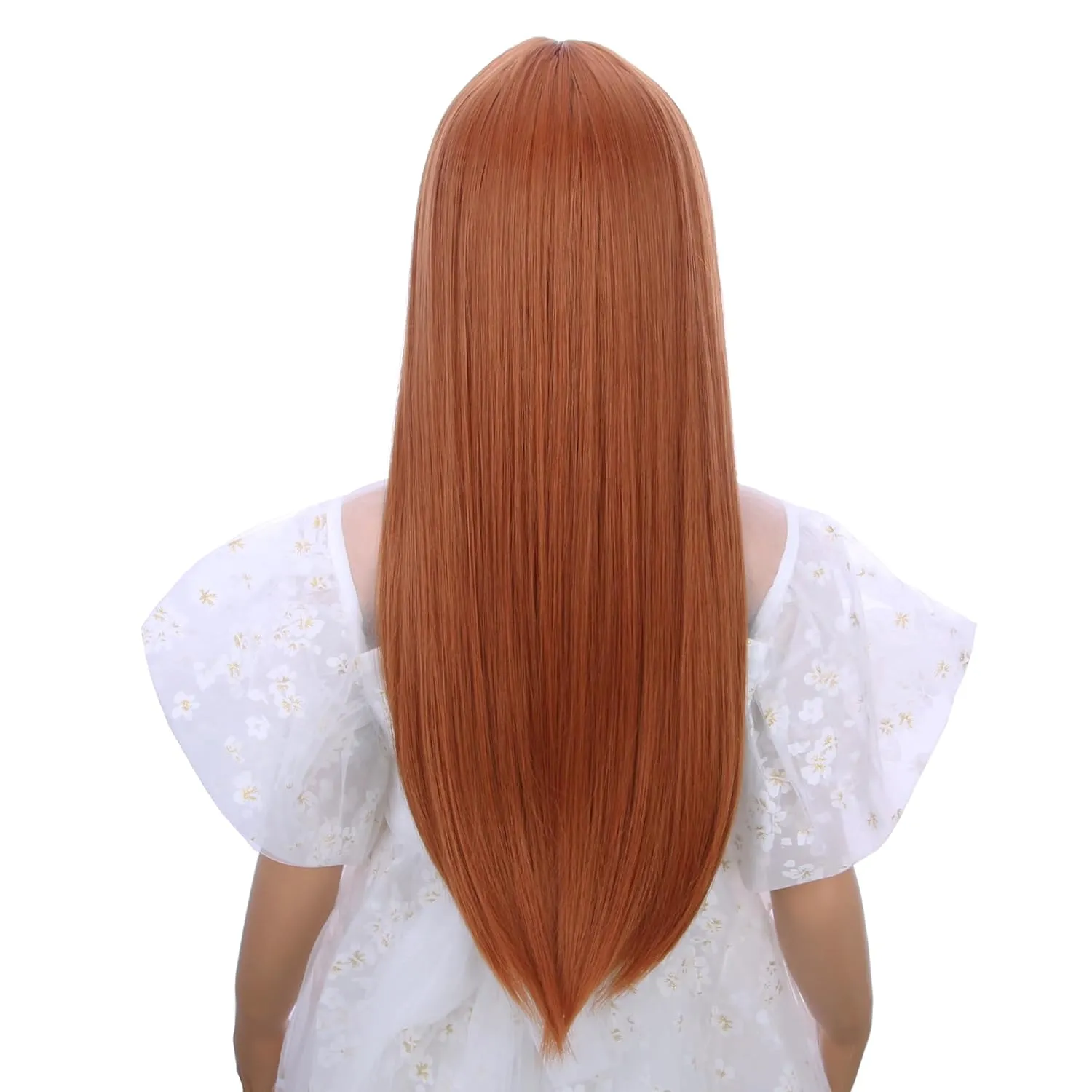 Kids Anburn Wig Girls Long Orange Wig with Air Bangs Children Long Dark Orange Straight Wigs Heat Resistant Synthetic Hiar with Cap