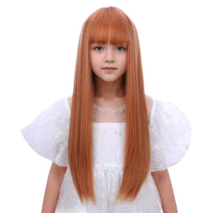 Kids Anburn Wig Girls Long Orange Wig with Air Bangs Children Long Dark Orange Straight Wigs Heat Resistant Synthetic Hiar with Cap