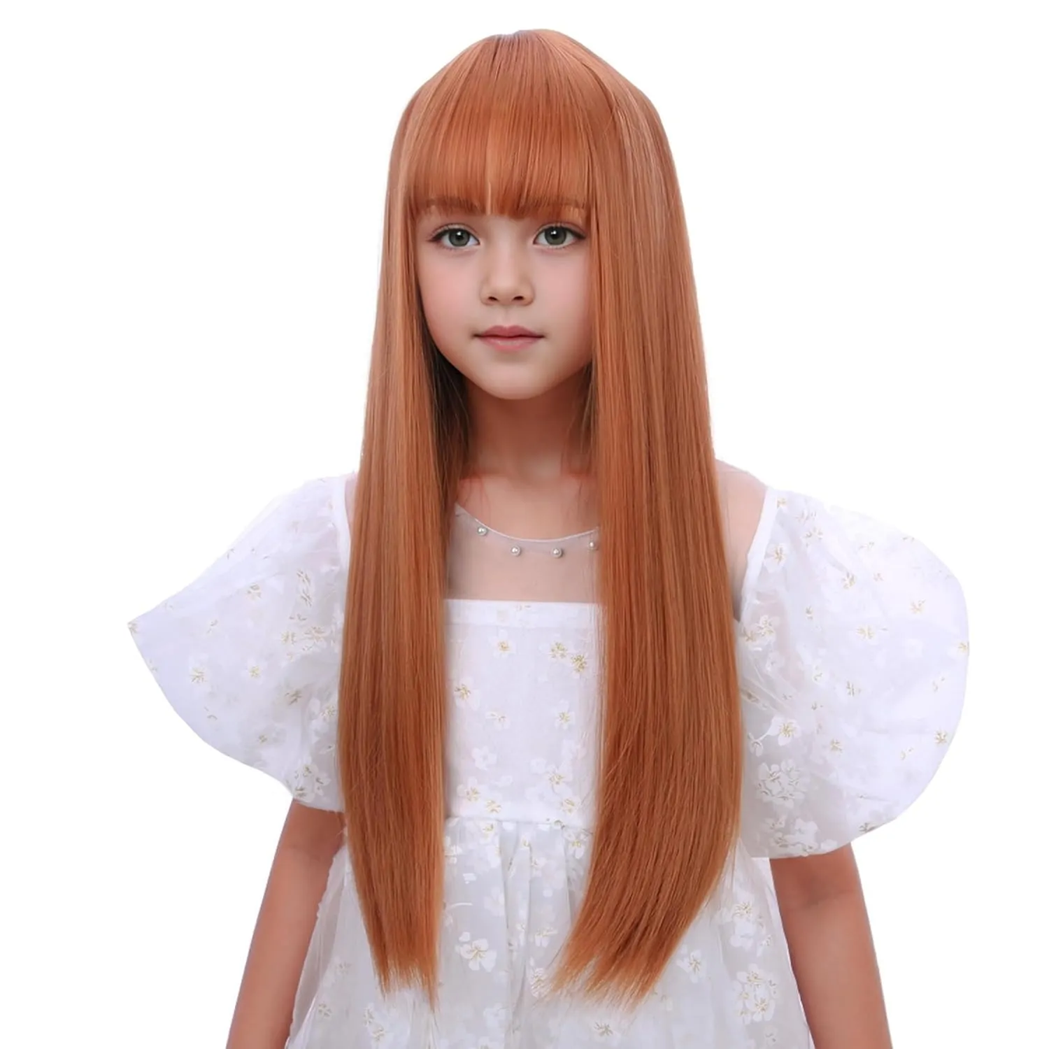 Kids Anburn Wig Girls Long Orange Wig with Air Bangs Children Long Dark Orange Straight Wigs Heat Resistant Synthetic Hiar with Cap
