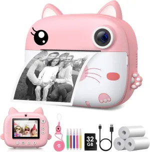 Kids Camera Instant Print, 3.0" HD Screen Kids Instant Cameras, Christmas Birthday Gifts for Girls Boys 3 4 5 6 7 8 9 10 Year Old, Portable Toddler Travel Toys with 32GB Card & 3 Rolls Printer Paper