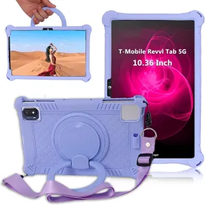 Kids Silicone Case for T-Mobile Revvl Tab 5G Tablet 10.36 Inch, Teclast P25T/P26T With 360 Rotation Bracket, Shoulder Strap & Touch Pen (Purple)