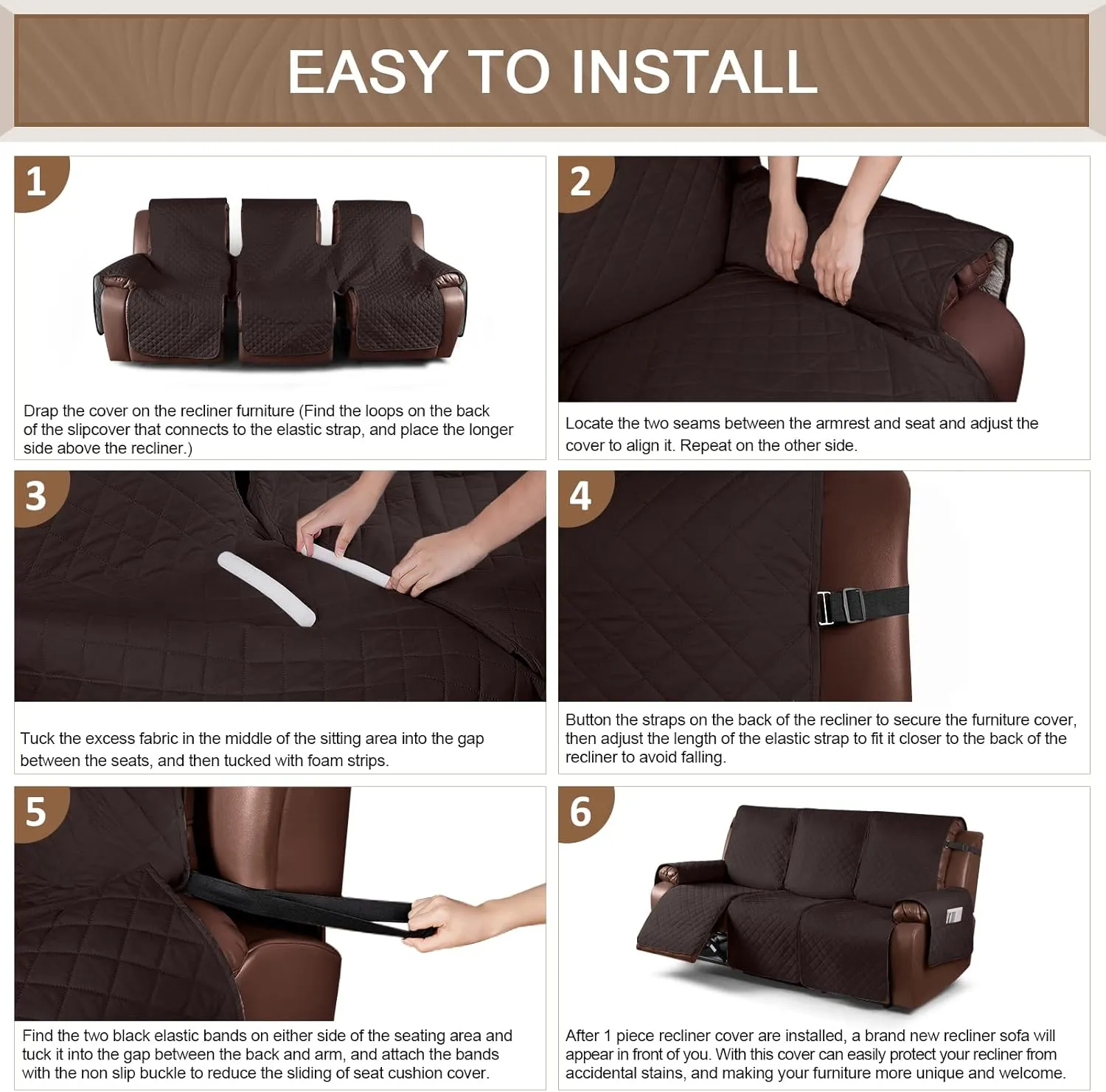 KinCam Waterproof Recliner Sofa Cover, Non-Slip Reclining Couch Covers for 3 Seat, Recliner Couch Cover Furniture Protector with Elastic Straps for Pets, Kids, Chocolate
