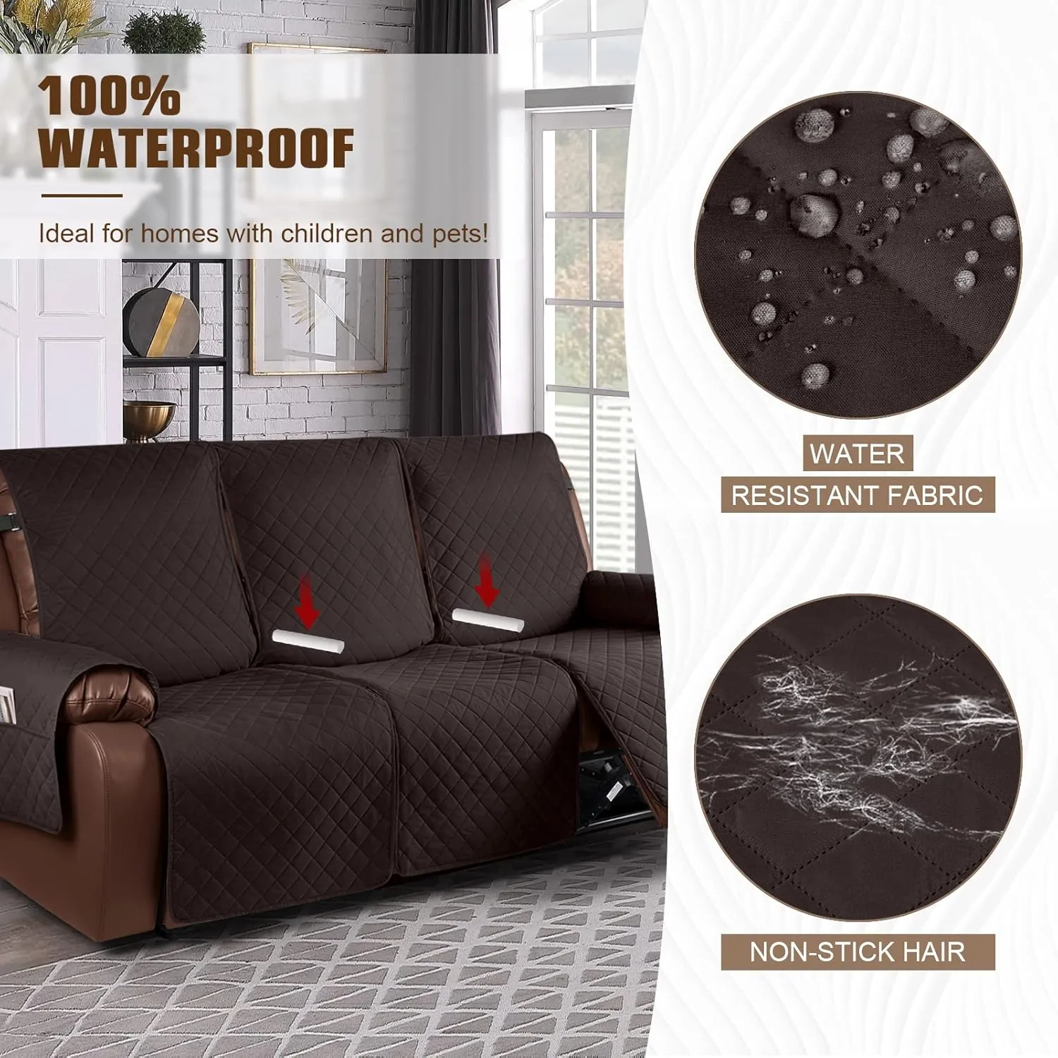 KinCam Waterproof Recliner Sofa Cover, Non-Slip Reclining Couch Covers for 3 Seat, Recliner Couch Cover Furniture Protector with Elastic Straps for Pets, Kids, Chocolate